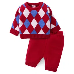 Babyhug Knitted Full Sleeves Pullover Sweater Set With Argyle Design - Red-picture-26