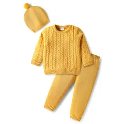 Babyhug Knitted Full Sleeves Pullover Sweater Set With Cable Knit Design & Cap - Mustard-picture-19