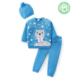 Babyhug Knitted Full Sleeves Pullover Sweater Set with Cap & Bear Design- Blue-picture-20