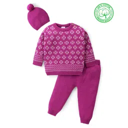 Babyhug Knitted Full Sleeves Pullover Sweater Set With Cap & Floral Design - Purple-picture-22