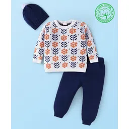 Babyhug Knitted Full Sleeves Pullover Sweater Set with Floral Design & Cap - White & Navy Blue-picture-14