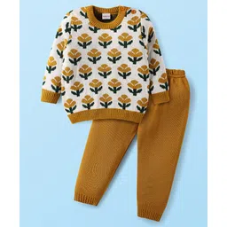 Babyhug Knitted Full Sleeves Pullover Sweater Set With Floral Design - Mustard-picture-18