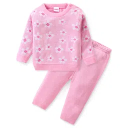 Babyhug Knitted Full Sleeves Pullover Sweater Set with Floral Design - Pink-picture-10
