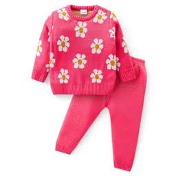 Babyhug Knitted Full Sleeves Pullover Sweater Set with Floral Design - Pink-picture-16