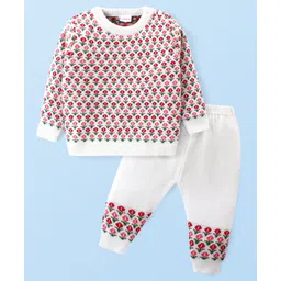 Babyhug Knitted Full Sleeves Pullover Sweater Set With Floral Design - Pink-picture-20