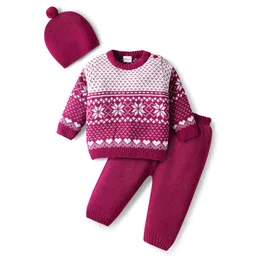 Babyhug Knitted Full Sleeves Pullover Sweater Set With Heart Design & Cap - Wine-picture-24