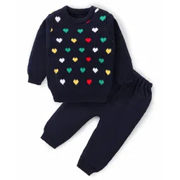 Babyhug Knitted Full Sleeves Pullover Sweater Set With Heart Design - Navy-picture-27