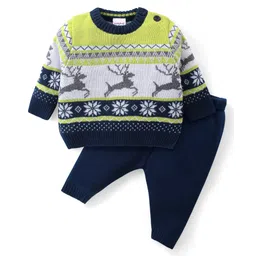 Babyhug Knitted Full Sleeves Pullover Sweater Set With Reindeer & Floral Design - Navy Blue-picture-23