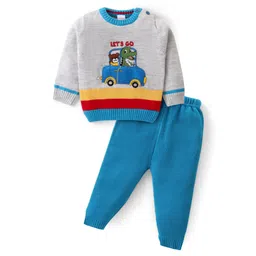 Babyhug Knitted Full Sleeves Pullover Sweater Set With Stripes & Dino Embroidery - Blue & Light Grey-picture-14