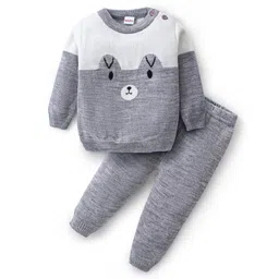 Babyhug Knitted Full Sleeves Pullover Sweater Set with Teddy Bear Design - Grey & White-picture-21