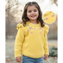 Babyhug Knitted Full Sleeves Pullover Sweater With Floral Embroidery & Frill Detailing - Yellow-picture-19