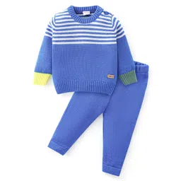 Babyhug Knitted Full Sleeves Striped Design Sweater Set - Blue-picture-25
