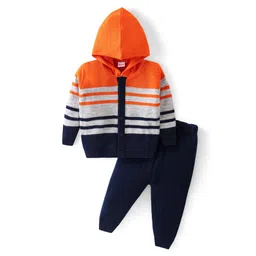 Babyhug Knitted Full Sleeves Striped Hooded Front Open Sweater Set - Navy Blue Grey & Orange-picture-21