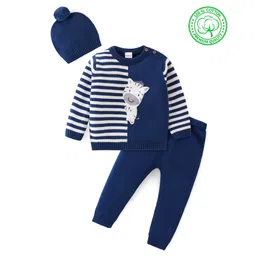 Babyhug Knitted Full Sleeves Striped Sweater Set with Cap & Zebra Patch - Navy Blue-picture-23