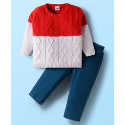 Babyhug Knitted Full Sleeves Sweater Set With Cable Knit Design - Red White & Navy Blue-picture-38