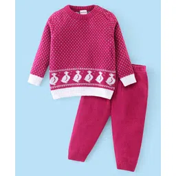 Babyhug Knitted Full Sleeves Sweater Set with Duck Design - Pink-picture-22