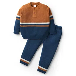 Babyhug Knitted Full Sleeves Sweater Set with Henley Neck & Color Block Design - Ochre Brown & Navy Blue-picture-22