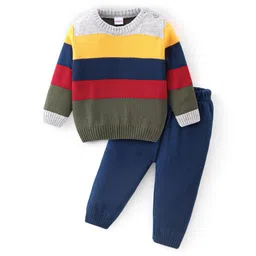 Babyhug Knitted Full Sleeves Sweater Set With Striped - Navy Blue & Grey-picture-12