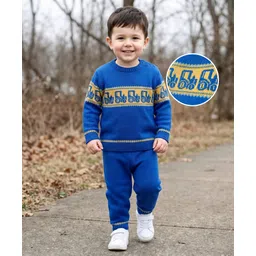 Babyhug Knitted Full Sleeves Sweater Set With Tractor Design - Royal Blue-picture-10