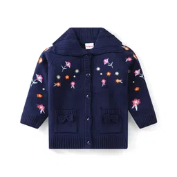 Babyhug Knitted Full Sleeves Sweater with Floral Embroidery - Navy Blue-picture-21
