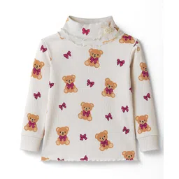 Babyhug Knitted Full Sleeves Turtle Neck Winter T-Shirt With Teddy Bear Print - Beige-image-49