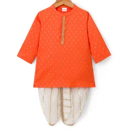 Babyhug Lurex Dobby Woven Full Sleeves Kurta Dhoti Set with Foil Print - Orange-picture-22