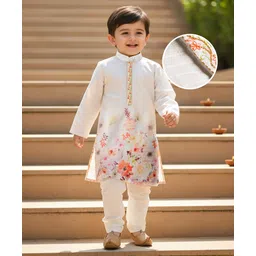Babyhug Lurex Dobby Woven Full Sleeves Kurta Pajam Set Floral Print - Beige-picture-25