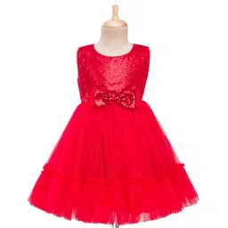 Babyhug Mesh Woven Sleeveless Party Dress With Sequin Detailing On Yoke & Bow Applique - Red-picture-23