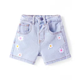 Babyhug Mid Thigh Washed Denim Shorts With Floral Embroidery & Stretch - Light Blue-picture-11