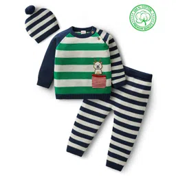 Babyhug Organic Cotton Knit Full Raglan Sleeves Pullover Striped Sweater Set with Cap & Patch Detailing - Navy Blue & Green-picture-23