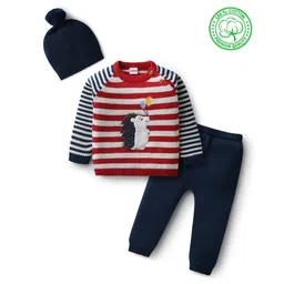 Babyhug Organic Cotton Knit Full Raglan Sleeves Pullover Striped Sweater Set with Cap & Patch Detailing - Navy Blue & Red-picture-22