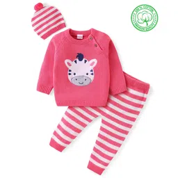 Babyhug Organic Cotton Knit Full Raglan Sleeves Striped Sweater Set & Cap - Light Pink image 1