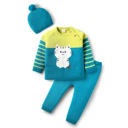 Babyhug Organic Cotton Knit Full Raglan Sleeves Sweater Set with Cap & Cat Patch Detailing - Teal Blue-picture-31