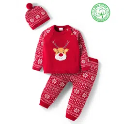 Babyhug Organic Cotton Knit Full Raglan Sleeves Sweater Set with Cap Reindeer Patch & Fair Isle Design - Red-picture-30