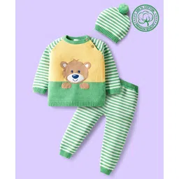 Babyhug Organic Cotton Knit Full Raglan Sleeves Sweater Set with Stripe Color Block Bear Design & Cap - Green-picture-29