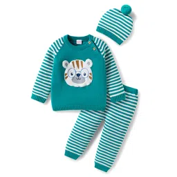 Babyhug Organic Cotton Knit Full Raglan Sleeves Sweater Set with Stripes & Bear Design & Cap - Teal Blue-picture-27