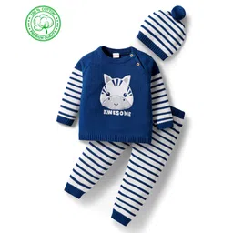 Babyhug Organic Cotton Knit Full Sleeves Pullover Sweater Set With Zebra Embroidery & Cap - Navy Blue & White-picture-12
