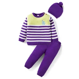 Babyhug Organic Cotton Knit Full Sleeves Striped Pullover Sweater Set with Cap & Embroidery - Purple-picture-38