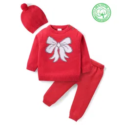 Babyhug Organic Cotton Knit Full Sleeves Sweater Set & Cap with Bow Design - Red-picture-18