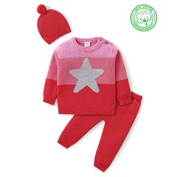 Babyhug Organic Cotton Knit Full Sleeves Sweater Set & Cap with Colour Block & Star Design - Multicolour-picture-22