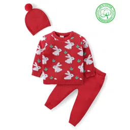 Babyhug Organic Cotton Knit Full Sleeves Sweater Set & Cap with Rabbit Design - Red-picture-13