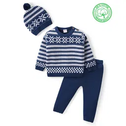 Babyhug Organic Cotton Knit Full Sleeves Sweater Set & Cap with Stripe Design - Navy Blue-picture-21