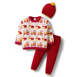 Babyhug Organic Cotton Knit Full Sleeves Sweater Set With Cap & Vehicle Design - Brown & White-picture-24