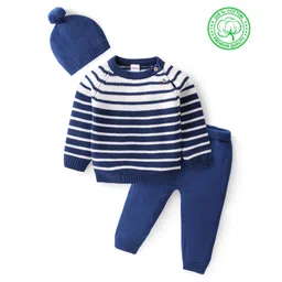 Babyhug Organic Cotton Knit Full Sleeves Sweater Set with Cap Striped Design - Navy Blue & White-picture-20