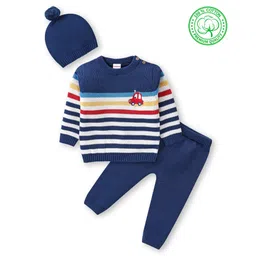 Babyhug Organic Cotton Knit Full Sleeves Sweater Set with Cap Stripes & Car Design - Navy Blue-picture-37