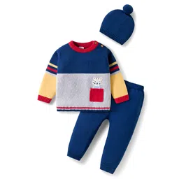 Babyhug Organic Cotton Knit Full Sleeves Sweater Set with Color Block Design Tiger Patch Pocket Detailing & Cap - Blue Yellow & Grey-picture-29