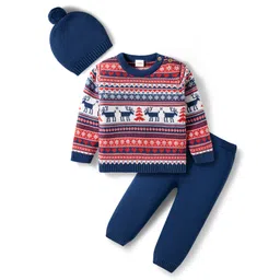 Babyhug Organic Cotton Knit Full Sleeves Sweater Set with Fair Isle Print & Cap - Red & Navy Blue-picture-13