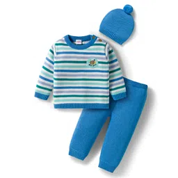 Babyhug Organic Cotton Knit Full Sleeves Sweater Set with Stripes & Bee Nice Patch & Cap - Blue-picture-36
