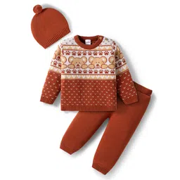 Babyhug Organic Cotton Knit Full Sleeves Sweater Set with Teddy Bear Print & Cap - Brown-picture-36