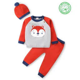 Babyhug Organic Cotton Knit Raglan Full Sleeves Sweater Set & Cap with Fox Patch Detailing - Grey & Rust-picture-24